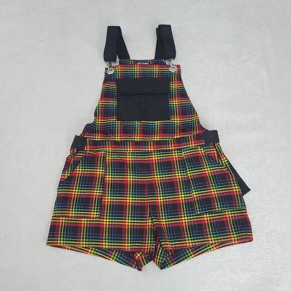 Hot topic Rainbow grid utility shortalls rainbow plaid Size Medium Kidcore - Picture 5 of 11